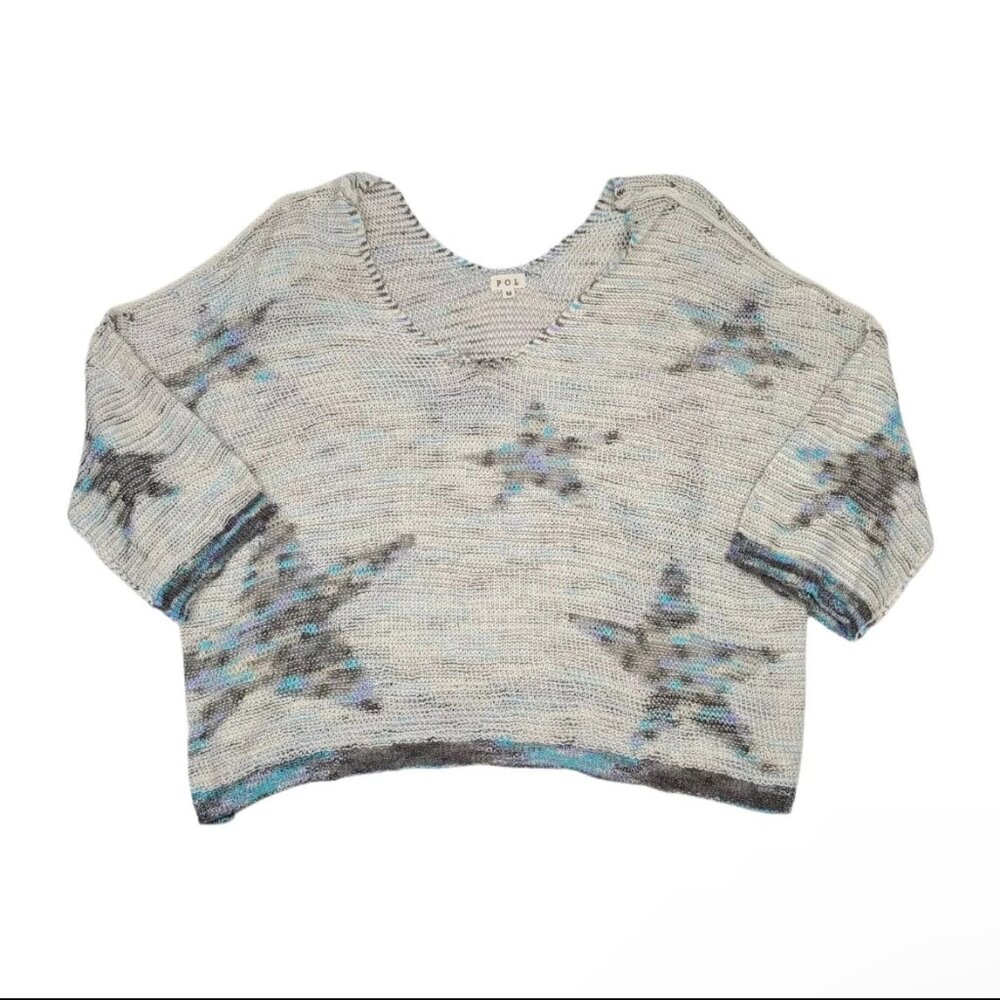 NEW LADIES SIZE S POL CREAM GRAY TURQUOISE STAR KNIT SHORT SLEEVE SWEATER MST225